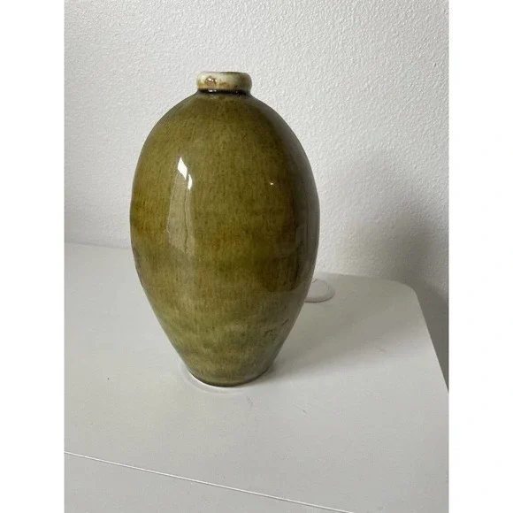 Signed Abique Earthenware Green Tall Heavy Vase Hand Made Signed